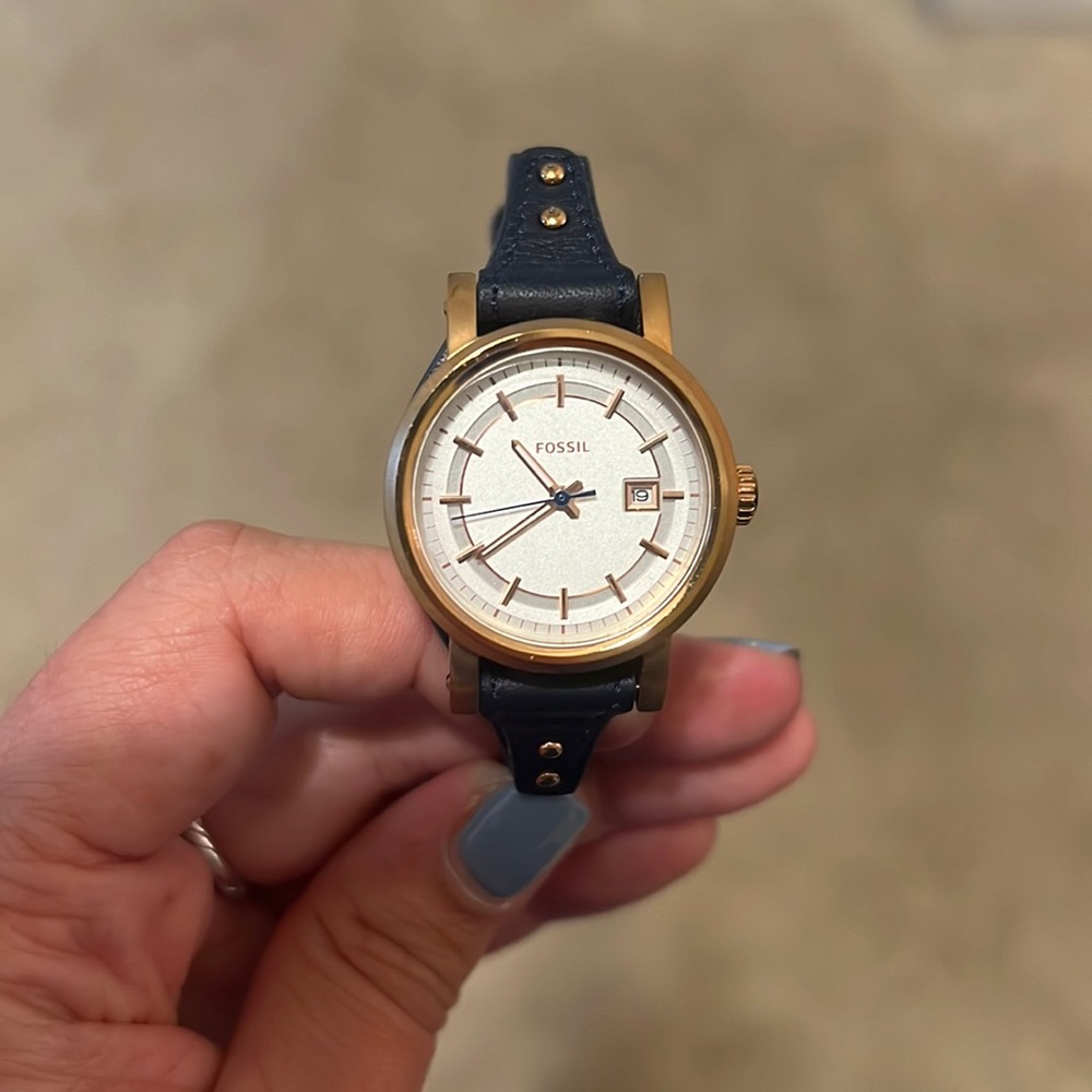 Fossil Rose Gold and Navy Leather Watch